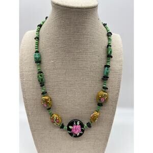Glass Bead Painted Floral Necklace Roses Black Green Boho cottagecore